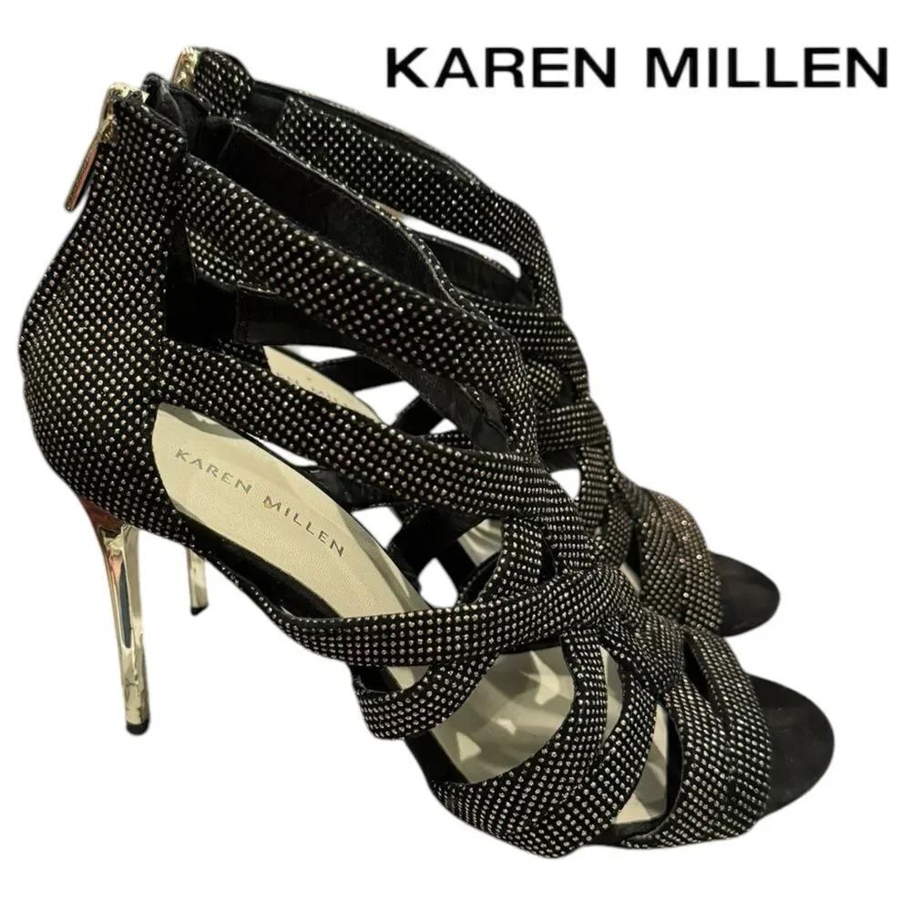 Karen Millen Women's Black Studded Cage Stiletto Sandals Heels 39 8